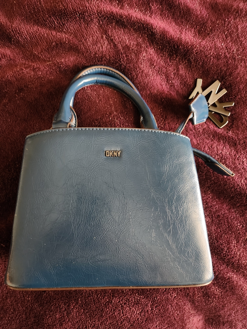 DKNY Navy Blue Leather Top-Handle Satchel with Logo Charm